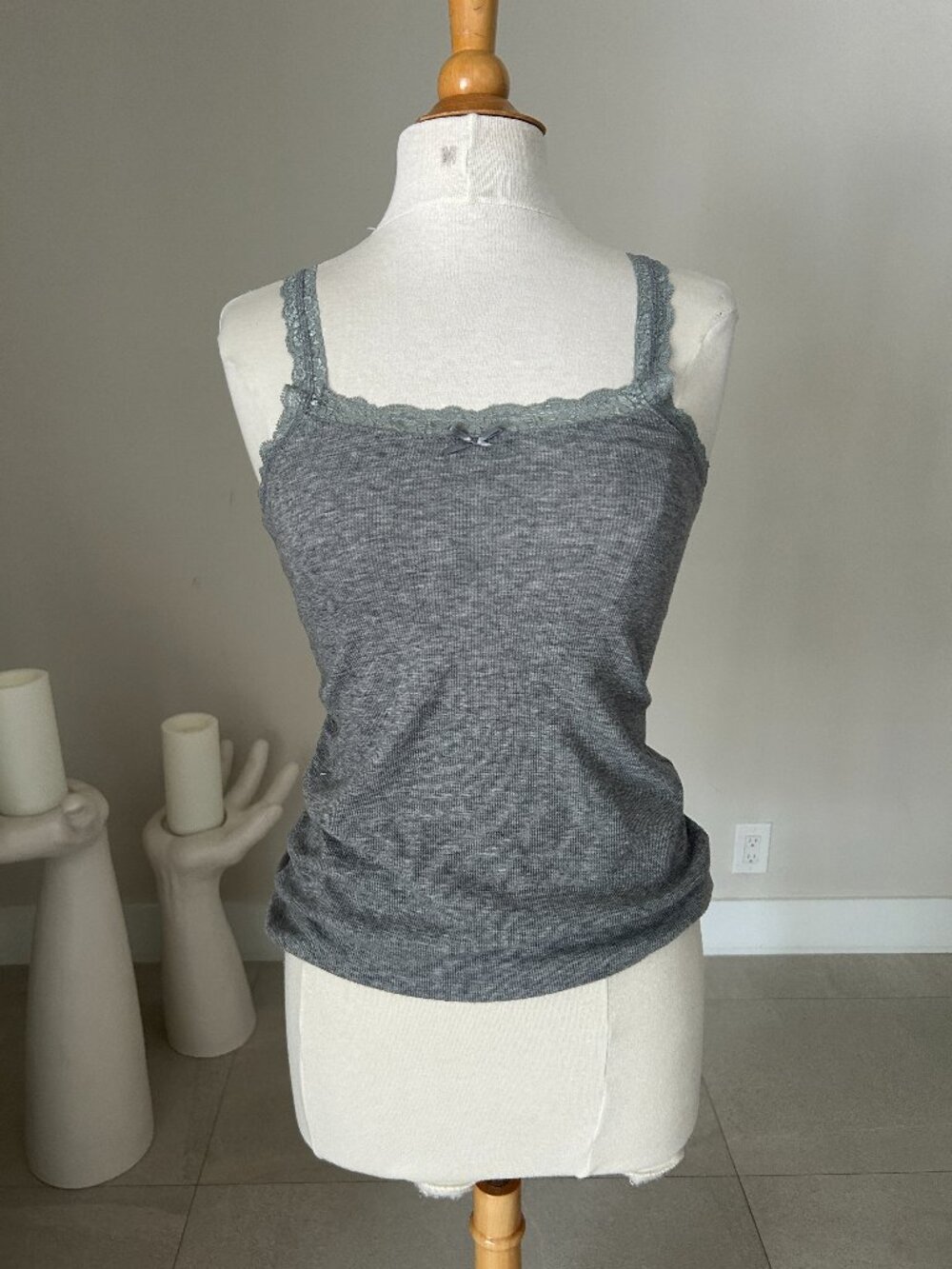 Faded Glory Gray Ribbed Knit Camisole Lace Trim Cami Tank Top
